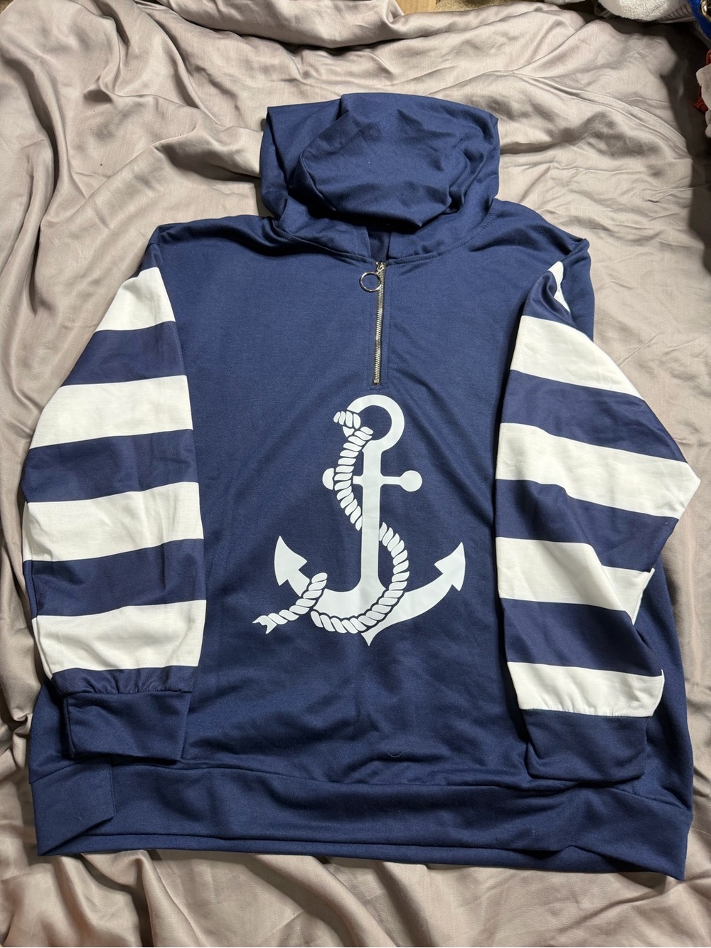 SHEIN Navy & White Anchor Quarter-Zip Hoodie
